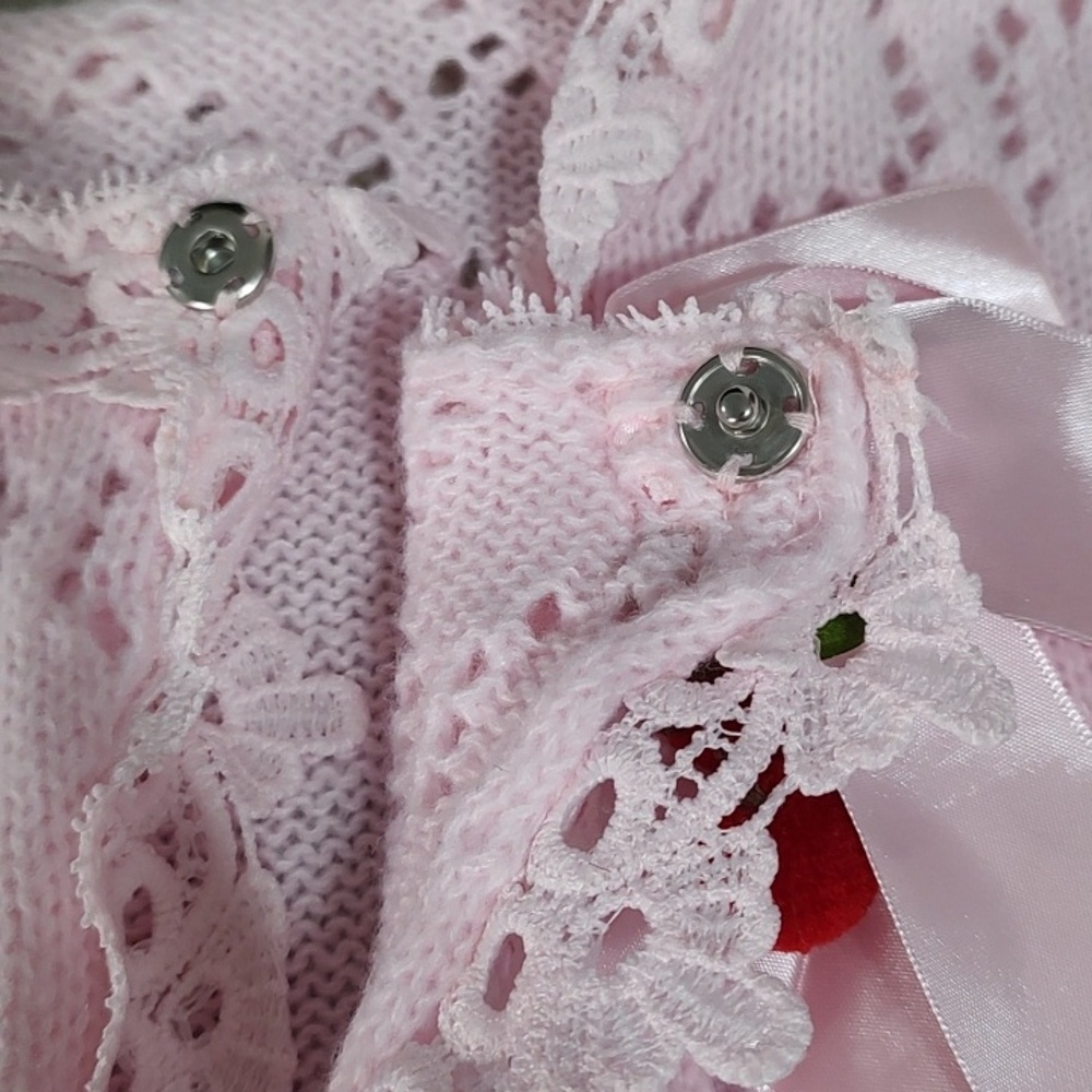 Pink Cherry Pattern Knitted Short Sleeve Scalloped Hem & Cherry Appliques - Picture 5 of 5